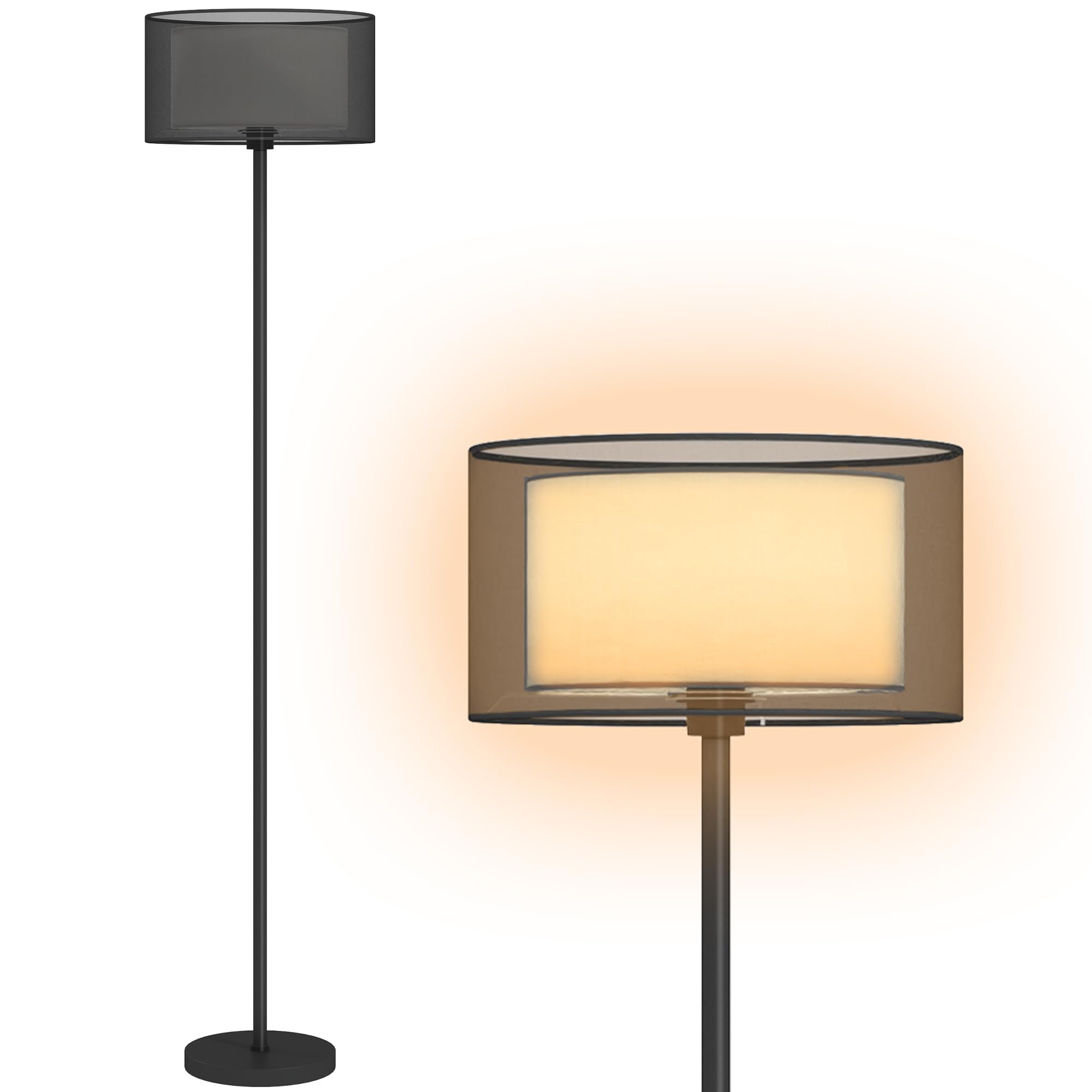 Rackhams Black Modern Standing Lamp With Double Layer Shade & Foot Switch, - Bulb Not Included - Metal, Fabric