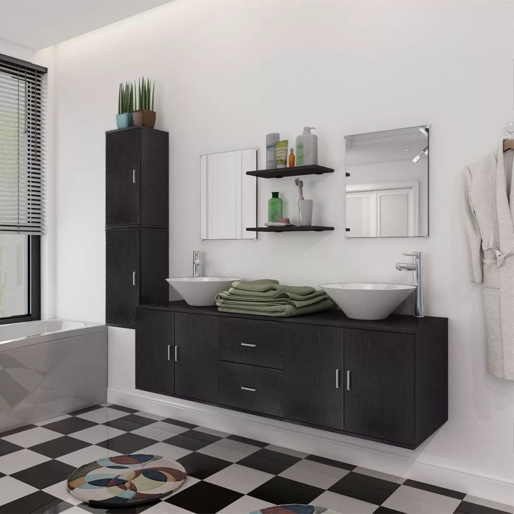 Conjunto de Muebles de baño con Lavabo y Grifo 11 Piezas Muebles de baño Conjunto Muebles de baño Negro
