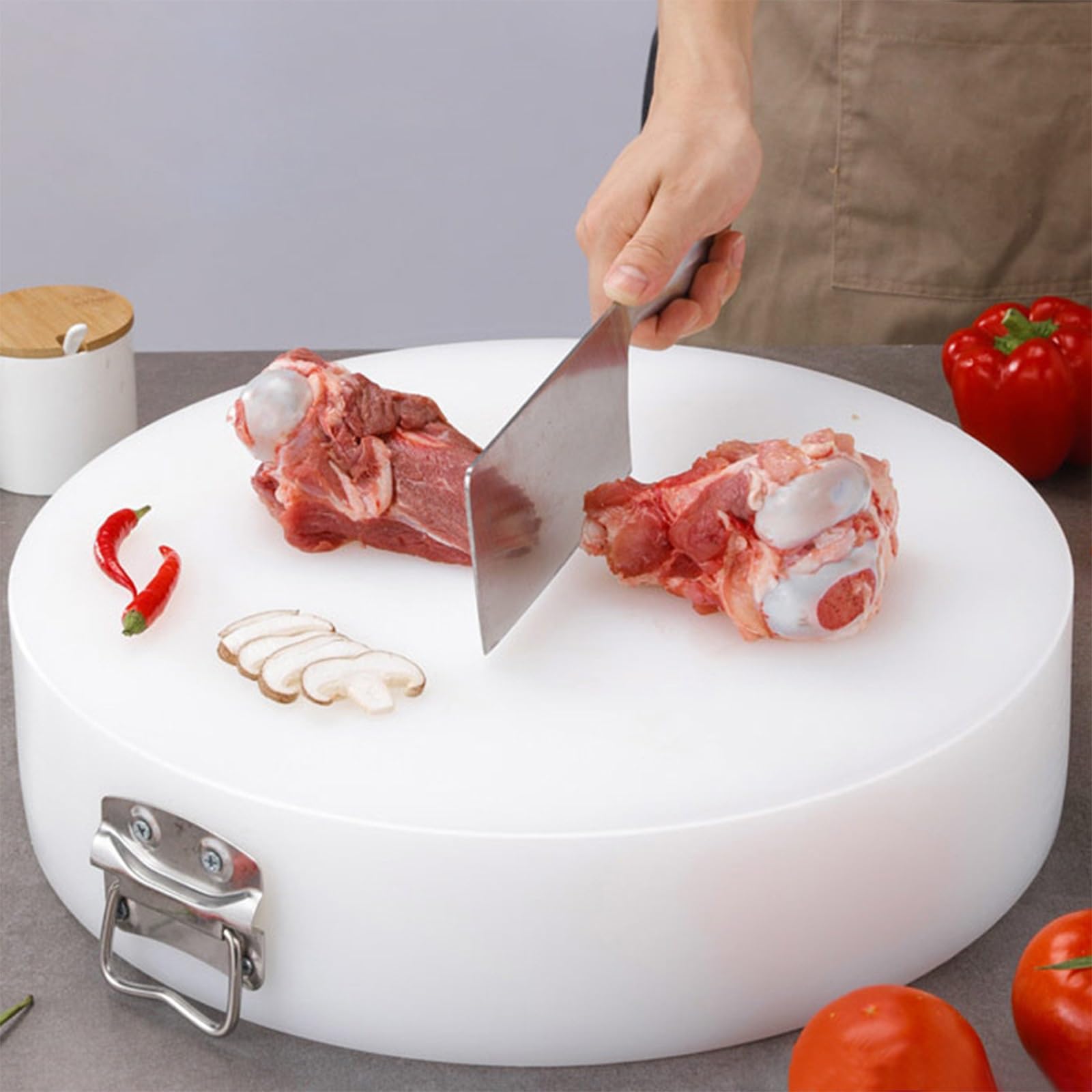 Tabla de cortar de polietileno resistente, 7 cm de grosor, tabla de cortar profesional antideslizante para huesos grandes, bloque de carnicero redondo duro para chefs