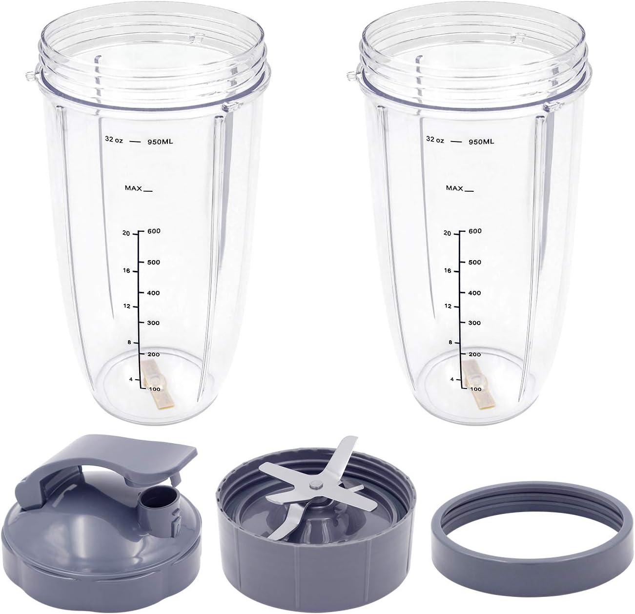 Nutribullet Cups and Blade Replacement, Deluxe Upgrade Kit Nutribullet 32 Oz Cups with Flip Top To-Go Lid and Screw-Off Lip Ring & Premium Extractor Blade Fits Nutribullet 600W/900W Models 5 Pieces
