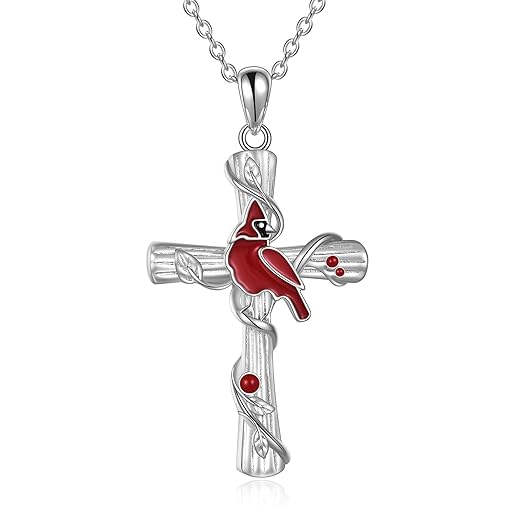 POPKIMI Red Cardinal Pendant Necklace S925 Sterling Silver Cardinal Jewelry Red Bird Memorial Red Cardinal Tree Pendant Jewelry Gift for Women Girls
