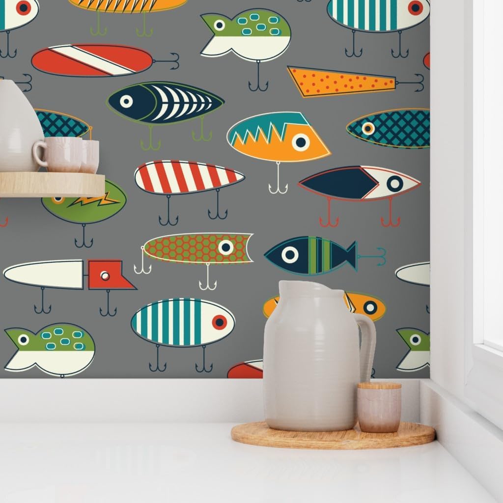 Peel & Stick Wallpaper 12ft x 2ft - Geometric Fishing Lures Gray Fish Fishing Hook Lure Lake River Fish Custom Removable Wallpaper by Spoonflower