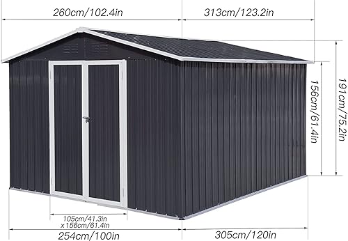 Miniatura 3 de EMKK Cobertizo de almacenamiento para exteriores de 10 x 8 pies, kit de cobertizos de jardín de metal de acero galvanizado con puerta doble con