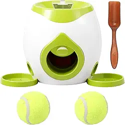 Lançador de bolas para cães, máquina interativa de lançador de bolas para filhotes com dispensador de guloseimas, brinquedos divertidos de treinamento de cães para ambientes externos e internos (verde