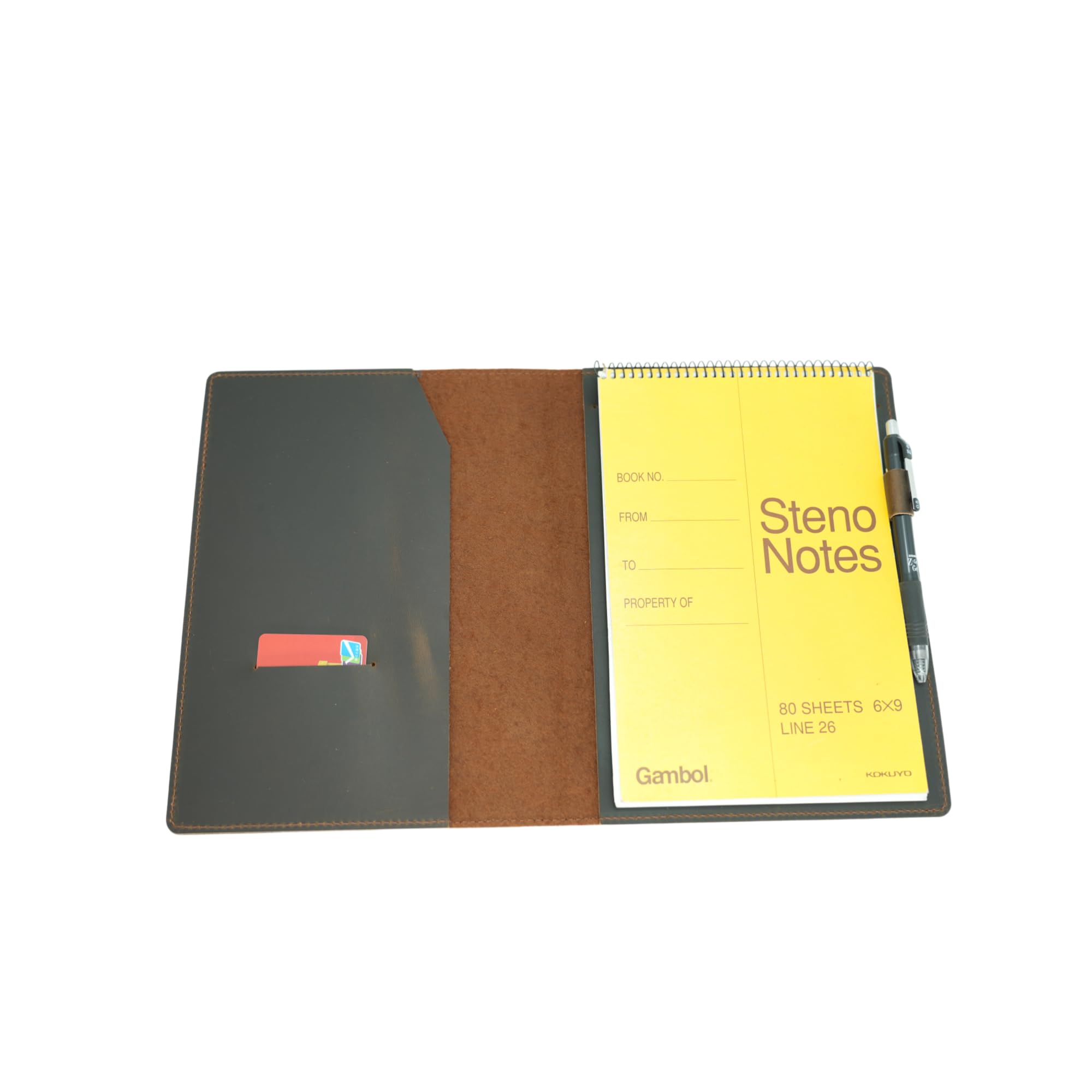 Steno Notes - Funda de cuero compatible con almohadillas Steno en espiral de 6 x 9 pulgadas, cuadernos en espiral de 6 x 8.8 pulgadas, cubierta de piel auténtica A5 con lazo para bolígrafo