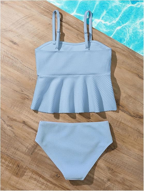 Image of QJQ Girl's 2 Piece High Waisted Swimsuits Ruffle Waffle Bathing Suit Summer Cute Bikini Sets