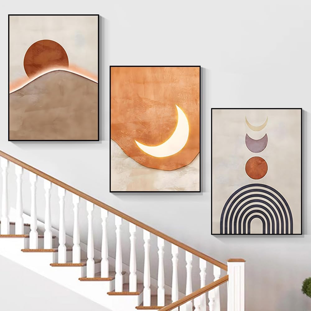 ARTKN Minimalist Orange Abstract Geometric Wall Art for Living Room Bedroom,Large Framed Boho Wall Art Set of 3,Warm Tone with Mid Century Prints of Sun Moon Mountain(Orange, 24 X 32 X 3 pieces)