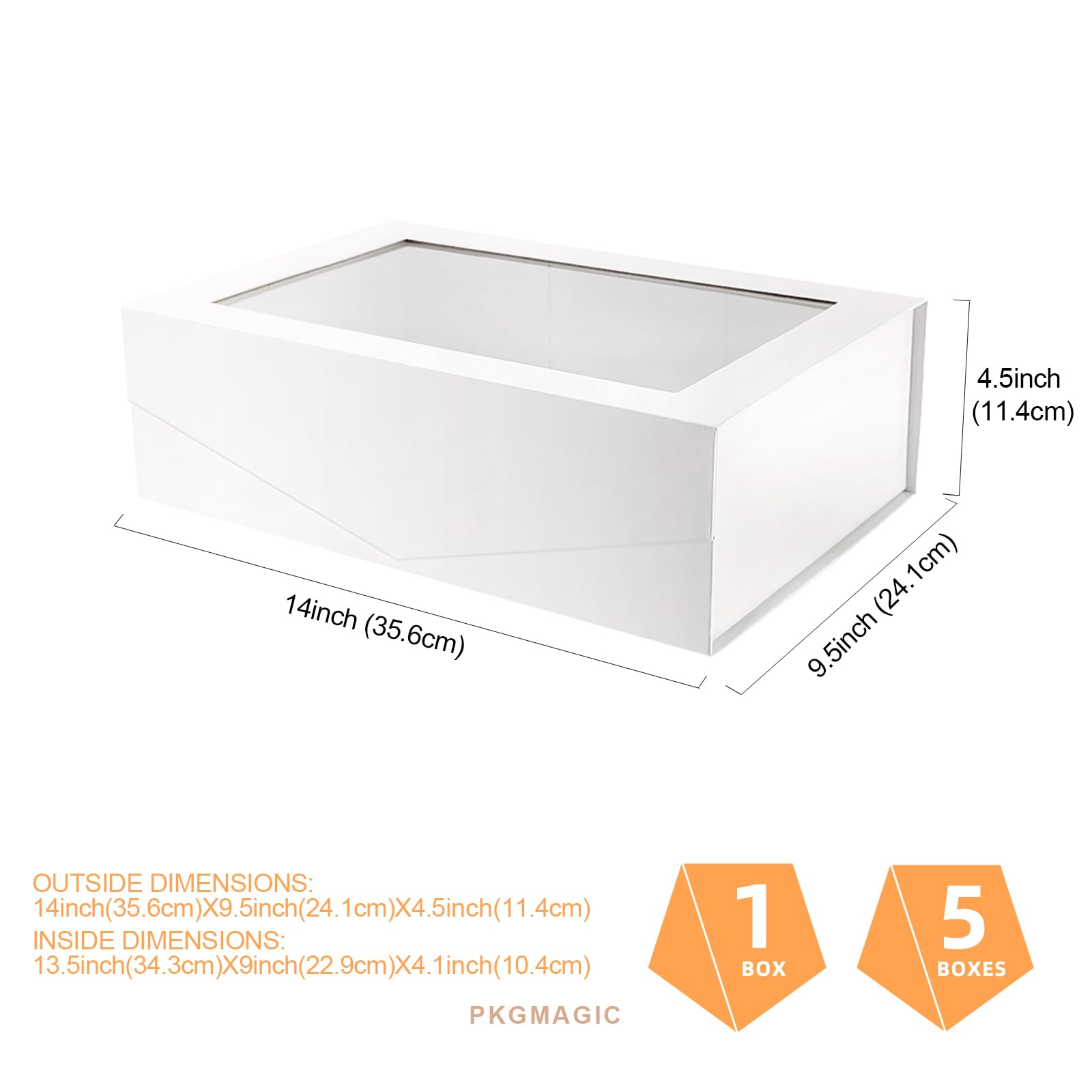 PKGMAGIC 5 grandi scatole regalo bianche con finestra, 34,3 x 22,8 x 10,4 cm, scatole regalo chiare per il presente, scatole di proposta di damigella d'onore, scatole regalo con coperchio magnetico
