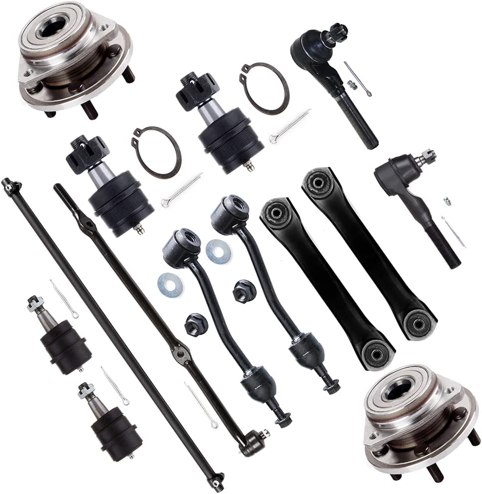 SCITOO 14-PC SET Suspension Kit For Jeep TJ Wrangler Front Lower Control Arm Lower Upper Ball Joint Front Inner Outer Tie Rod End Drag Link Front Sway Bar End Link Wheel Hub Bearing