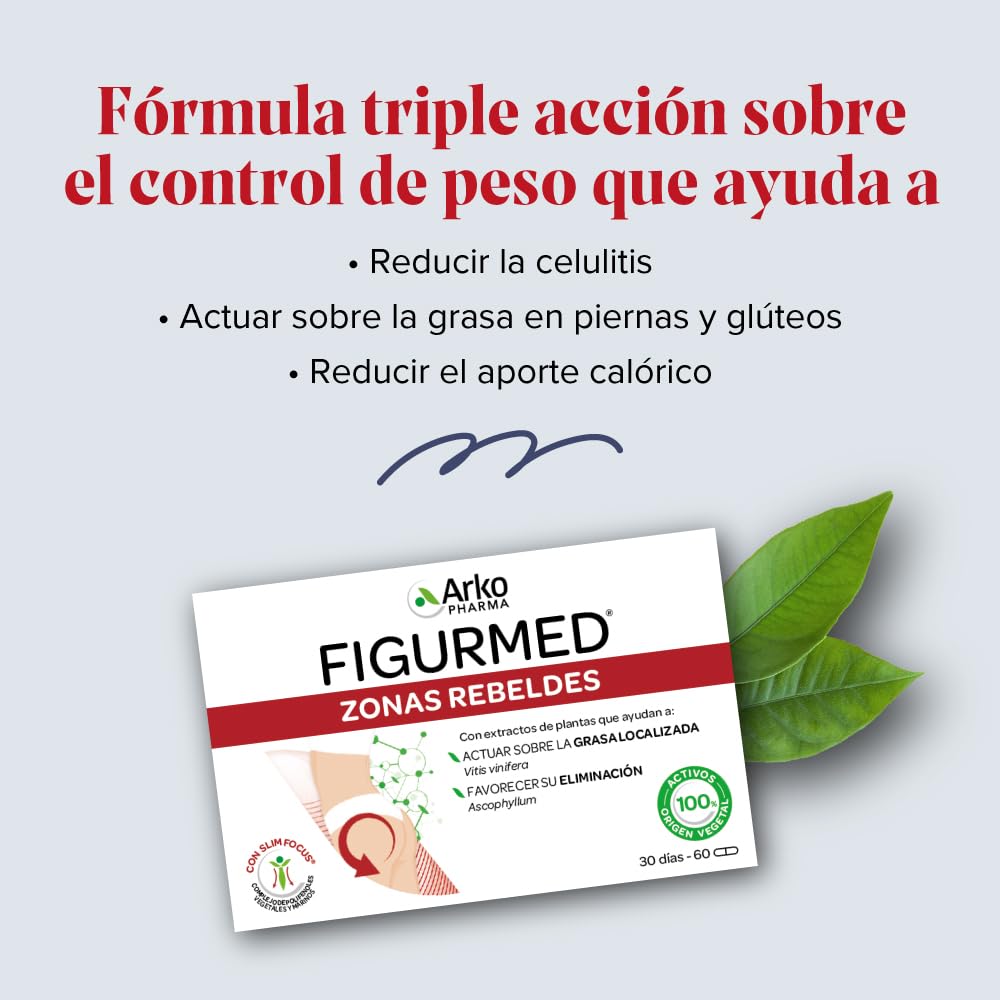 Arkopharma Figurmed Zonas Rebeldes 60 Cápsulas, Ayuda a Reducir la Celulitis de Forma Natural y la Grasa Localizada en Piernas y Glúteos + Asesoramiento Nutricional, Complemento Alimenticio