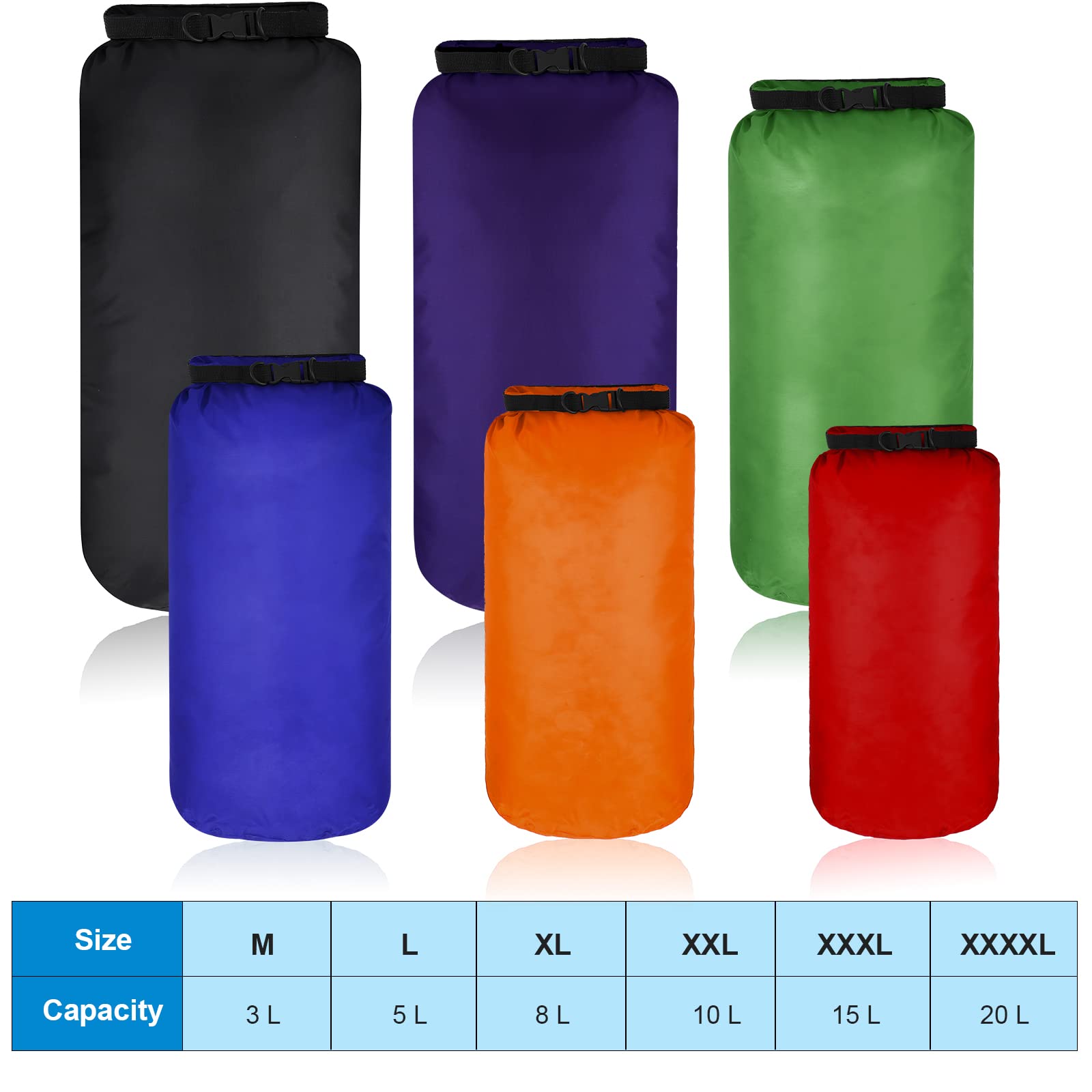 Shappy 6 Sacs Étanches Sac à Sec Ensemble Combiné de Sacs Étanches Légers Hermétiques avec Capacité de 20 L 15 L 10 L 8 L 5 L 3 L et Bretelle Longue Réglable pour Kayak Bateau