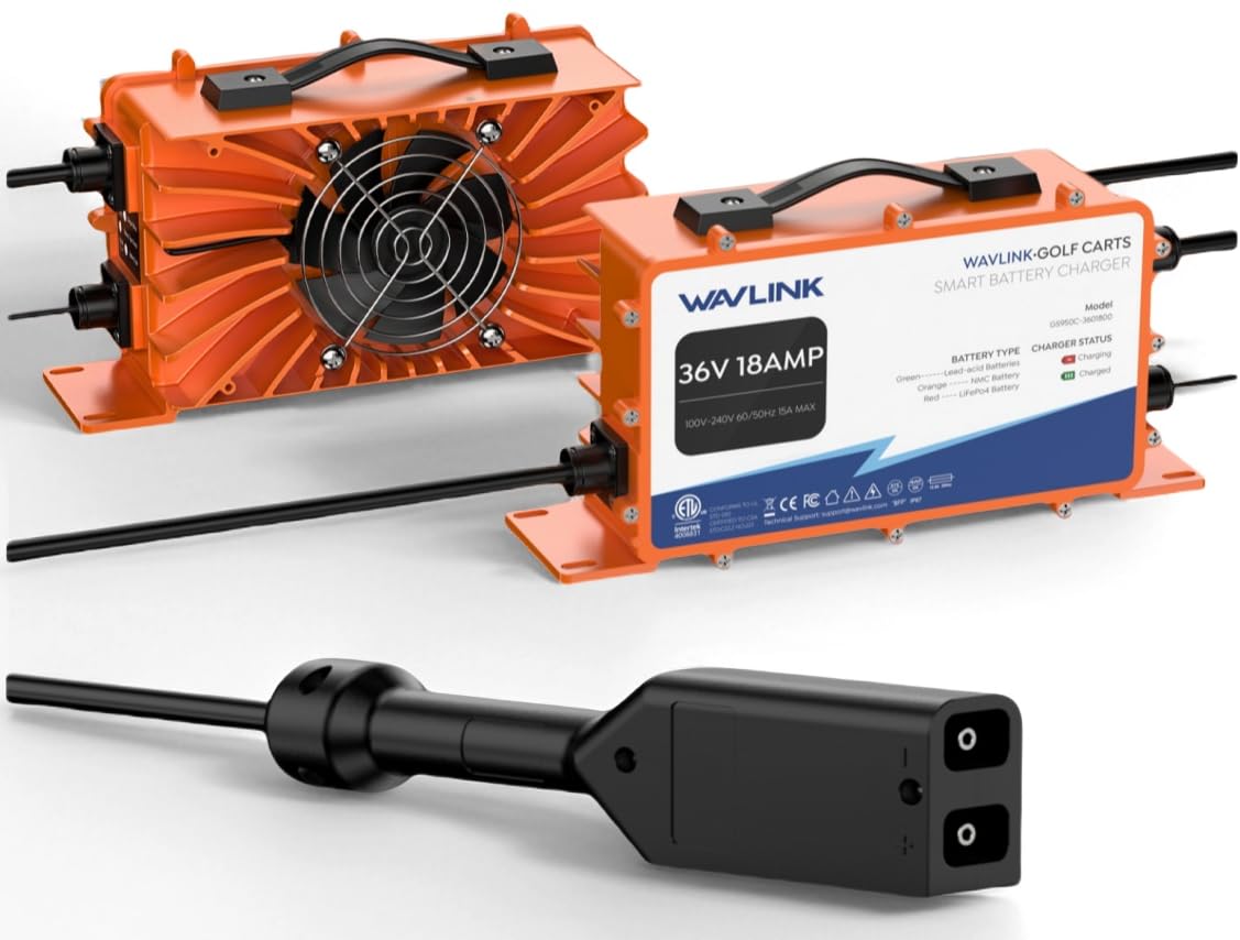 WAVLINK Cargador de batería para carrito de golf de 36 V y 18 A | IP67 impermeable, compatible con LiFePO4/NMC/plomo-ácido, enchufe D para TXT y EZGO