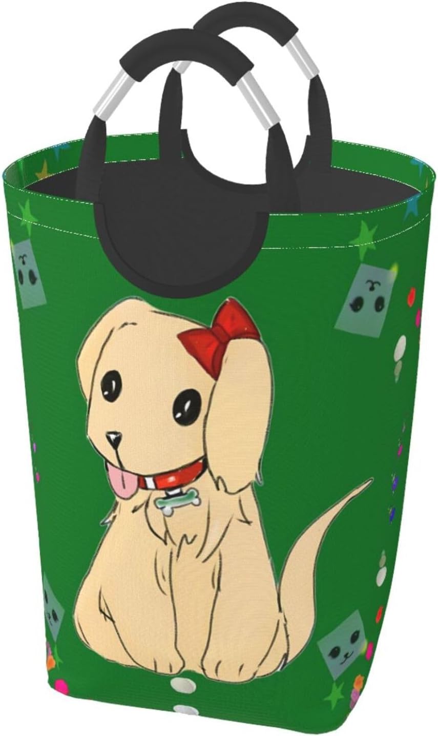 Cartoon dog on grass Foldable storage bag, 50L capacity, suitable for laundry room, dormitory bedroom, dirty clothes storage basket.