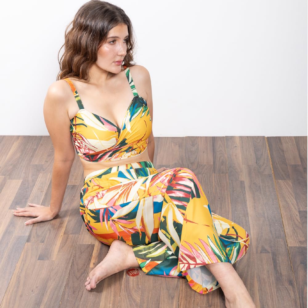 EROTISSCH Women's Yellow & Green Tropical Printed Beachwear Co-ord Set, Tie Knot Back Sleeveless Top & High-Waist Shorts, Lightweight Poly Crepe Resort Wear (Size L) 4