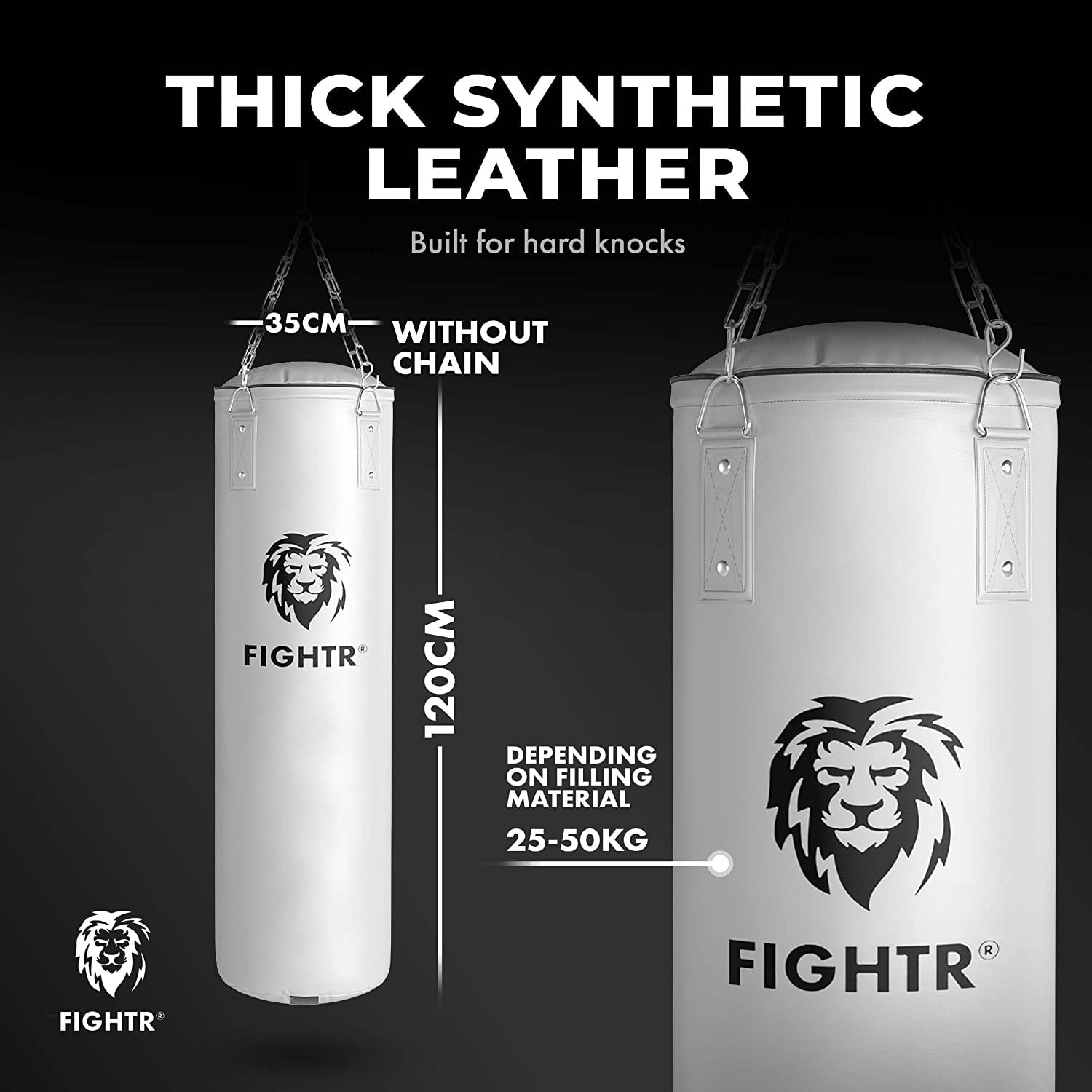 Sacco da boxe FIGHTR® Premium - alto comfort e molto robusto - sacco da boxe appeso non riempito/riempito 120x35cm incl. catena pesante per boxe, arti marziali, MMA