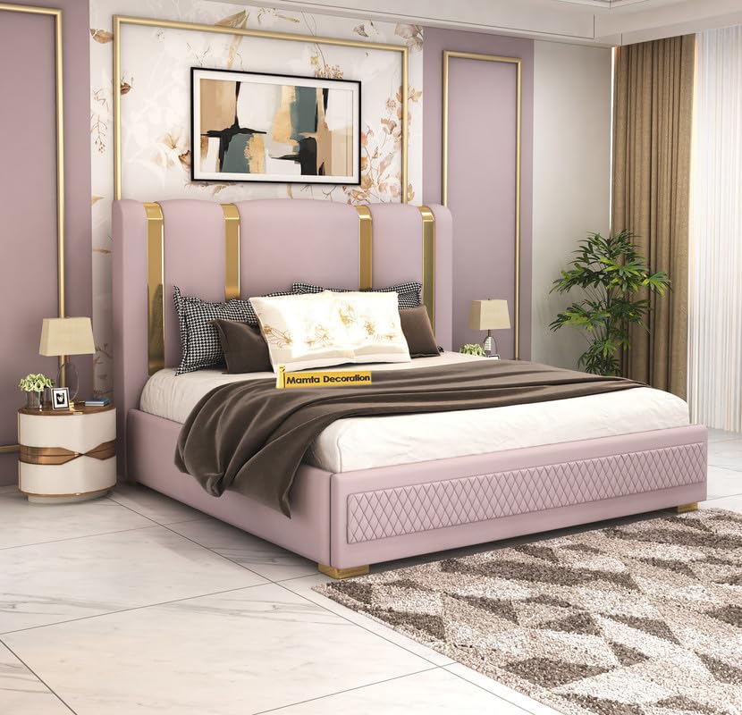 Image of MAMTA DECORATION Solid Wood King Size Bed for Bedroom with Box Storage | Premium Velvet Upholstered Tufted Headboard | Modern Double Cot Bed for Home, Hotels & Guest Room | Light Purple Finish