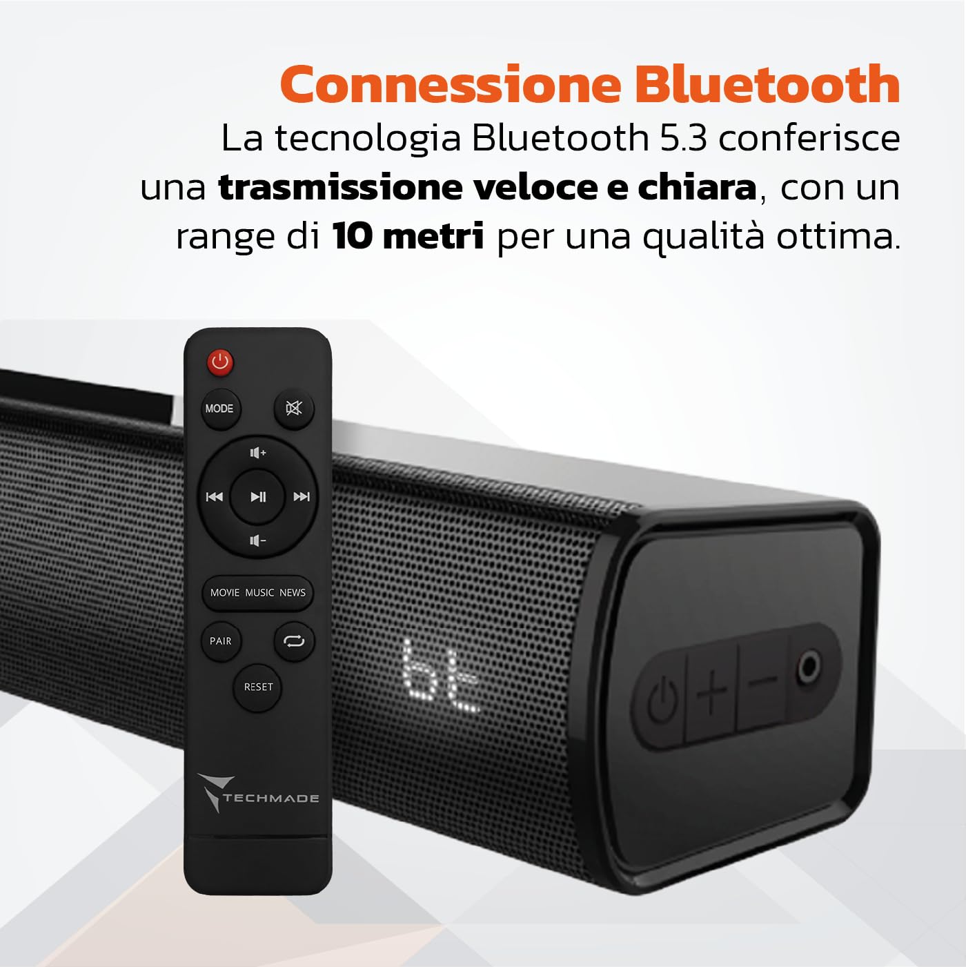 TECHMADE Soundbar TV 2.0 Bluetooth 120W HDMI ARC USB AUX Ottico Audio Potente Bassi Profondi Compatta