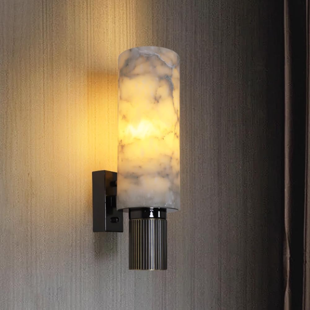 HUAYUSEDF Alabaster Wall Sconce Hardwired Nordic Brass Lamp Natural Stone Marble White Cylindrical Lighting Modern Light Bathroom Vanity E27 Fixtures Fo