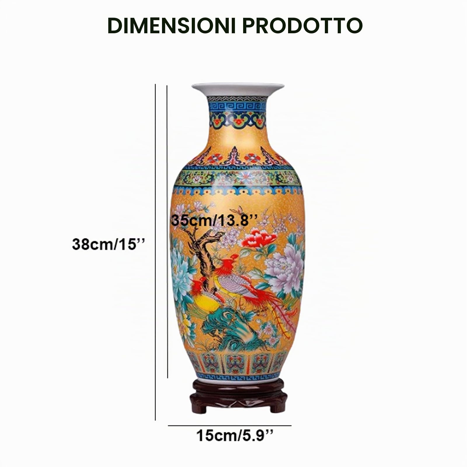 Vaso da Terra in Ceramica Jingdezhen Vaso da Fiori Decorativo in Stile Cinese Alto 38 cm con Base in Legno Vaso Classico in Porcellana Cinese retrò per la Decorazione del Soggiorno