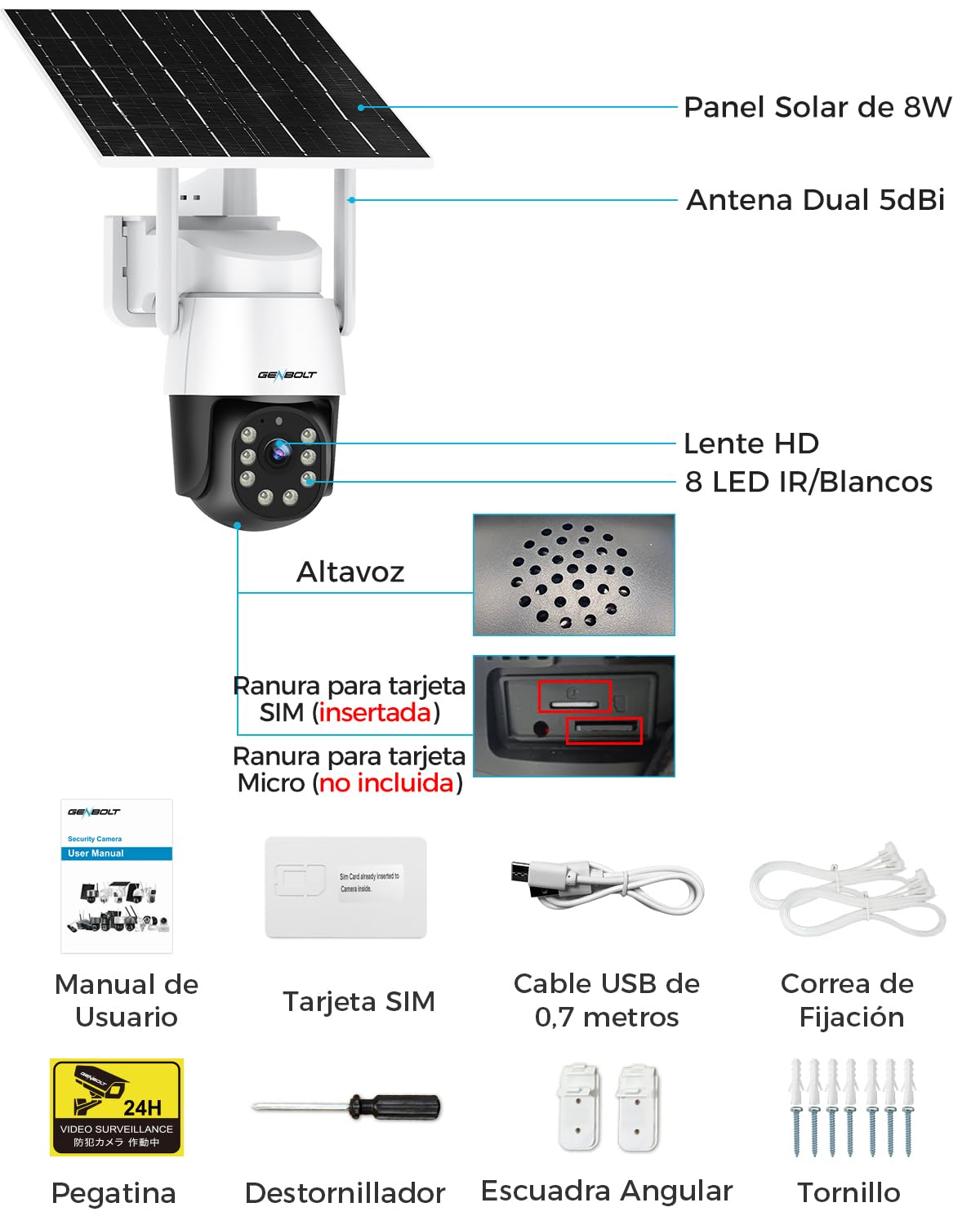 GENBOLT 4G AOV Solar Cámara Vigilancia Exterior Inalámbrica,Grabación 24/7 3MP Cámara IP Seguridad Exterior sin WiFi con Tarjeta SIM,Detección AI de 90 pies,Cámara CCTV con Batería de 8W 10400 mAh