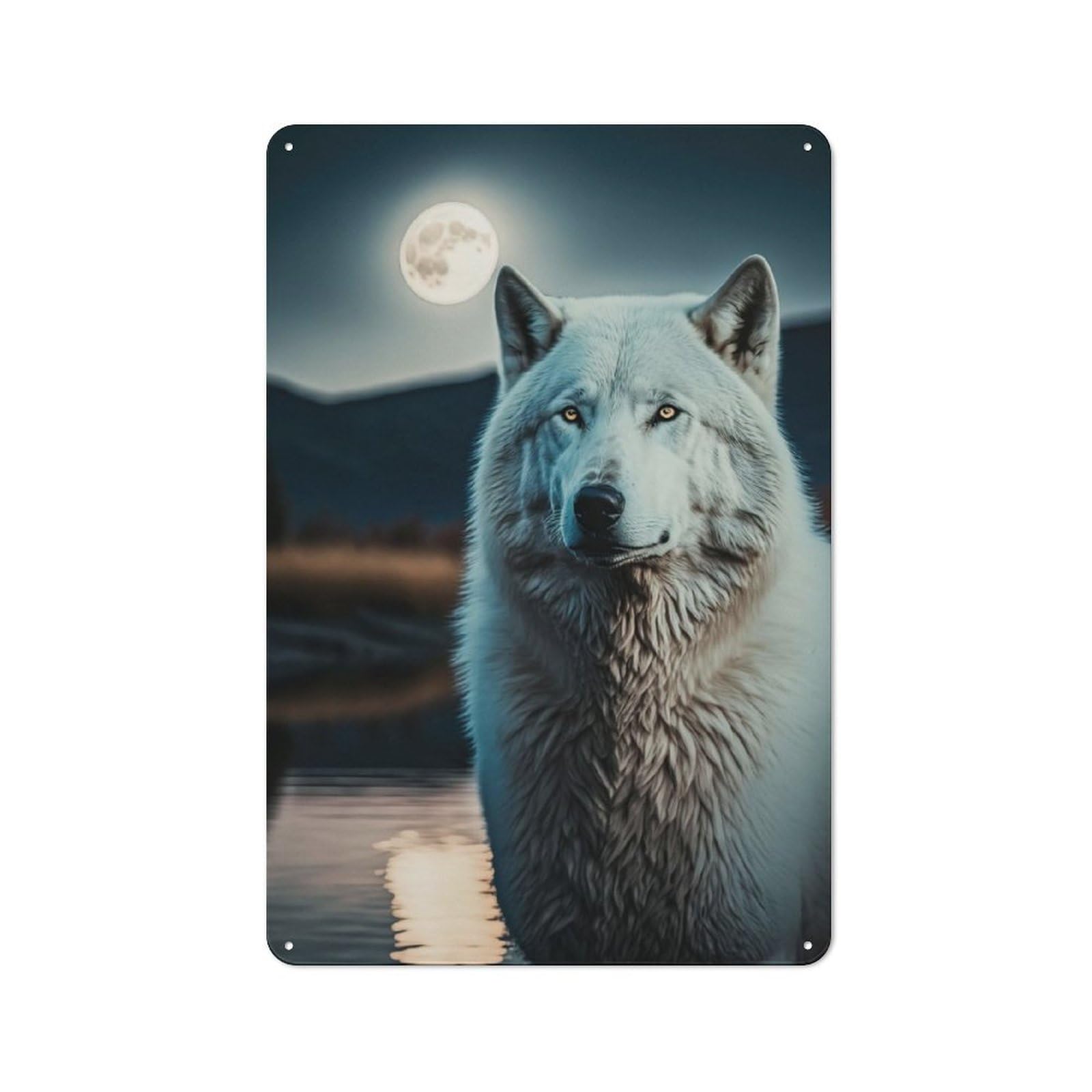Junmoney White Wolf And The Moon Vintage Tin Sign 30X20cm For Hobby Room Or Studio, A New Home Present For Creative Interior Collectors