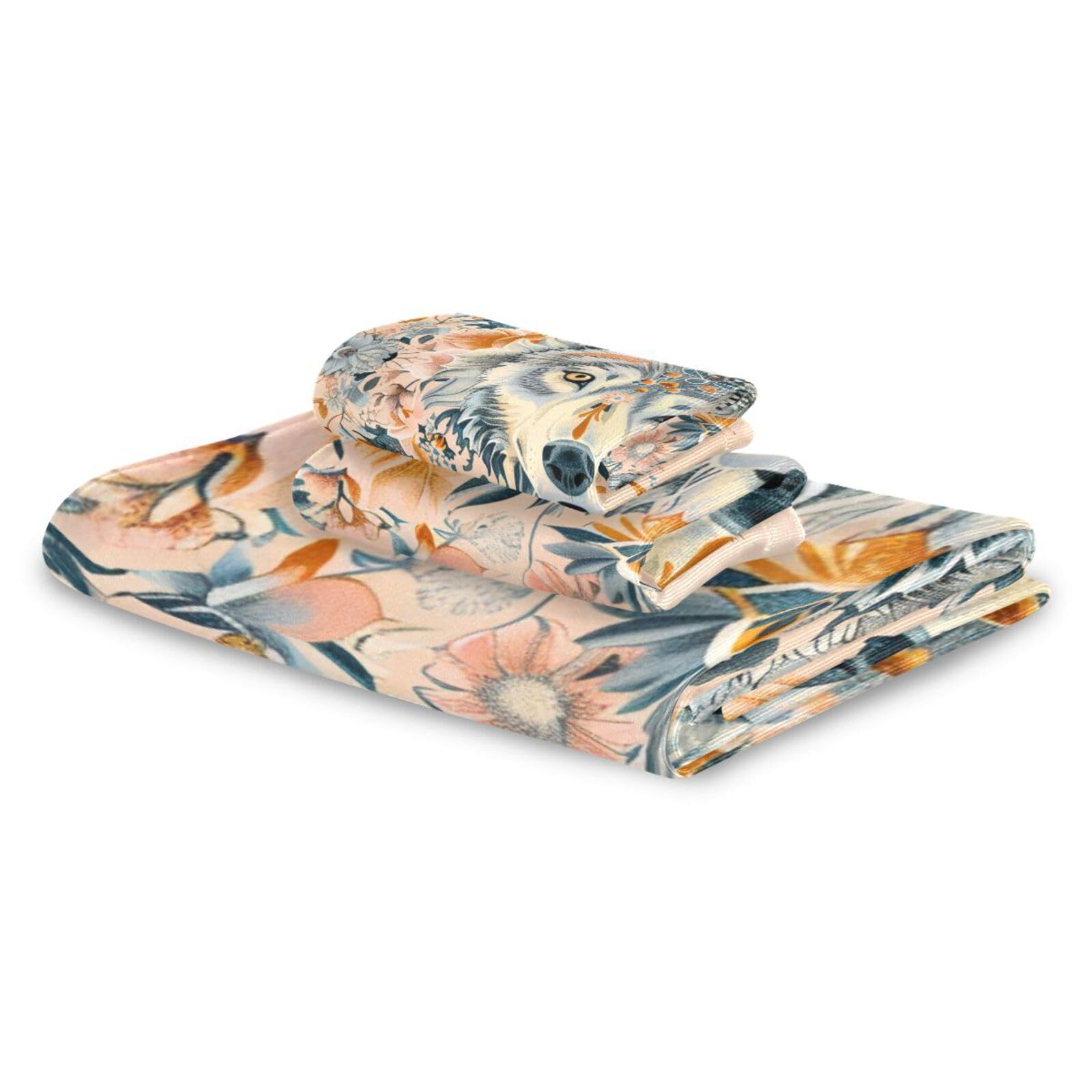 Styl boho kwiat kwiatowy beżowy wilk szybkoschnące ręczniki do twarzy zestaw 3 sztuk, 1 ręcznik kąpielowy 1 ręcznik do rąk 1 ściereczka do kuchni łazienki jogi siłowni