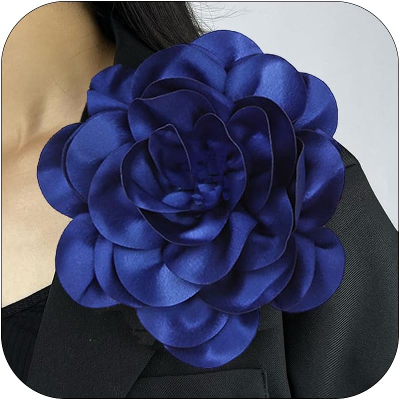 Dainty Satin Fabric Rose Flower Extra Large Big Brooches Pins Elegant Silk Camellia Flower Oversized Brooch Pin for Women Wedding Party Dance Banquet Dress Accessories Jewelry Gifts
