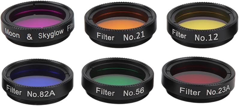 1.25 Inches Telescope Moon Filters, 6 Color Filters Set, Yellow,Orange,Red,Light Green,Blue,Light Violet, Fits 1.25 Inch Telescope Eyepiece, for Lunar Detail, Features