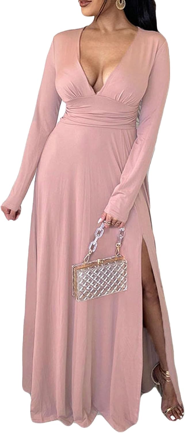 Women Deep V Neck Long Sleeve Slit Dress 2024 Fall Elegant Formal Wedding Guest Cocktail Evening Prom Maxi Long Dress
