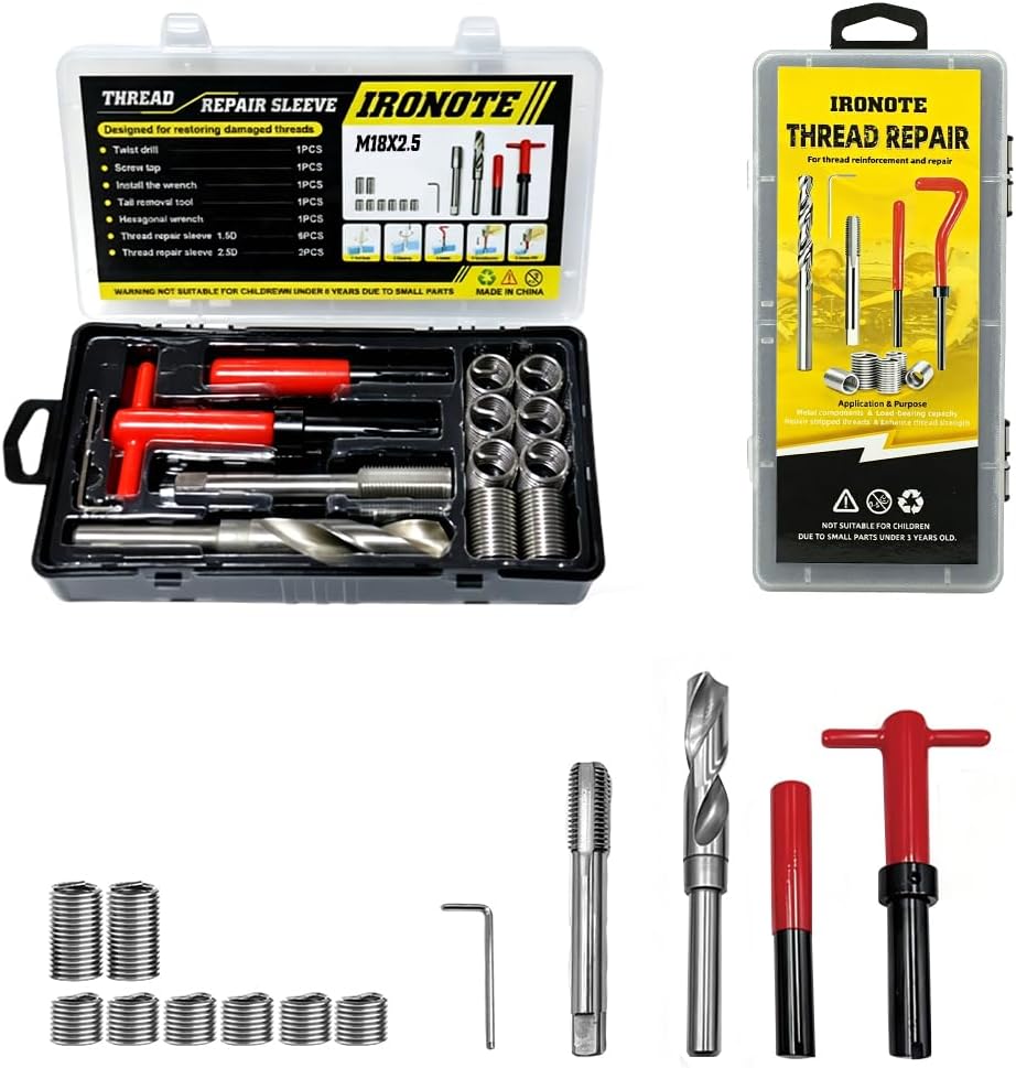 M18 x 2 .5Thread Repair Kit, Helical Coil Thread Insert Tool Set, 10PCS Inserts 1.5D & 2.5D, with Drill, Tap & Wrenches, Rethreading for Stripped Spark Plug Engine Block Repair
