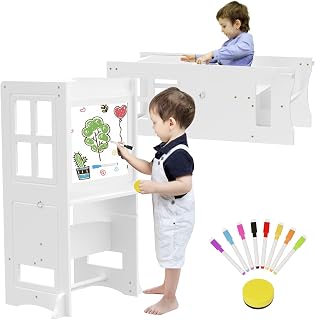 4 in 1 Toddler Kitchen Step Stool, Toddler Tower Kitchen Helper with Whiteboard and Safety Rail, Anti-Slip Protection, Adjustable-Height Kids Learning Standing Tower for Kitchen Counter Bathroom Sink