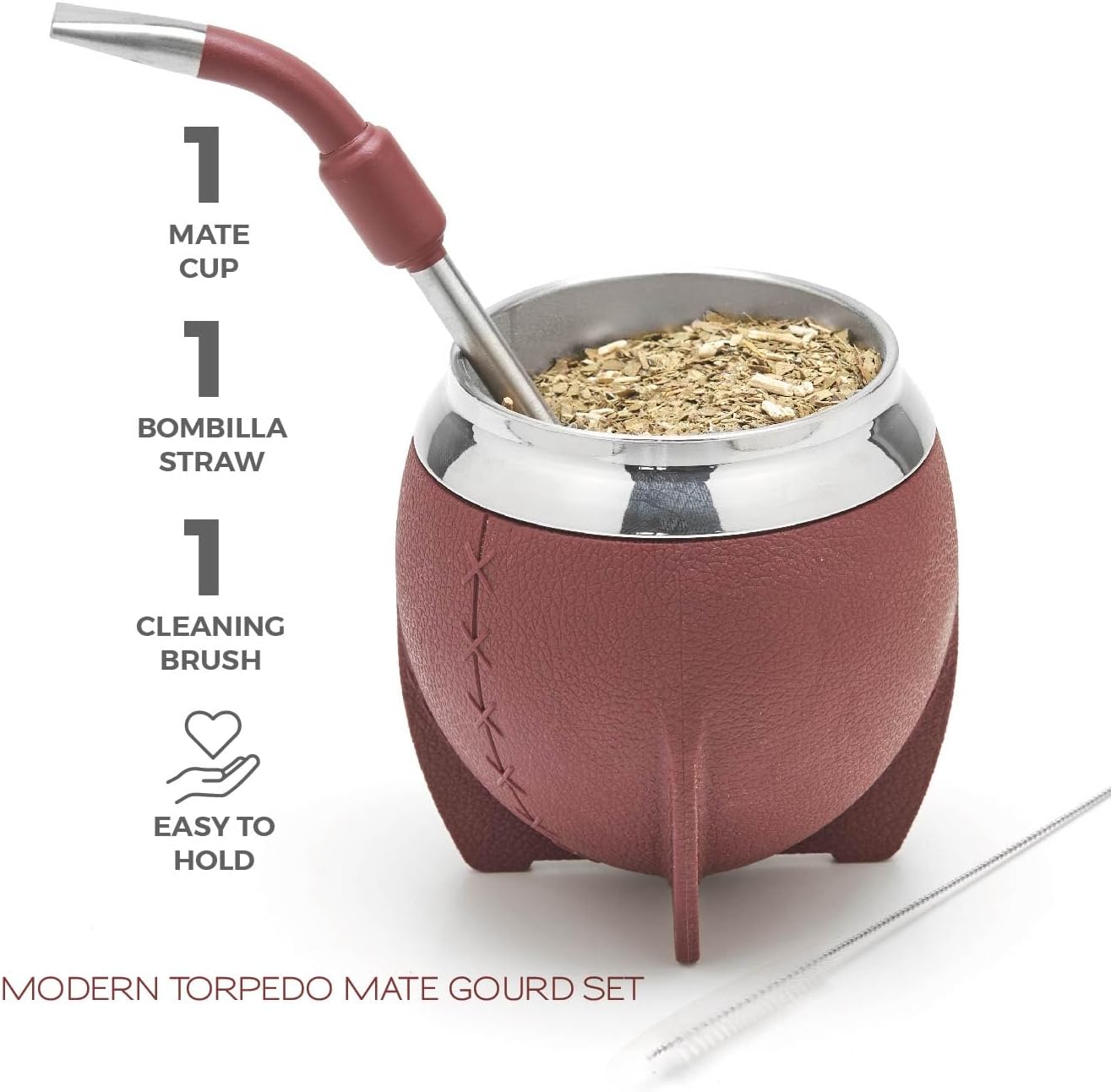 BALIBETOV Yerba Mate Cup And Bombilla Set, Includes Stainless steel Yerba Mate Gourd, Premium Bombilla Mate and Cleaning Brush (Burgundy)