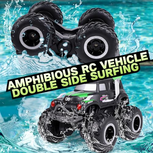 Learn2M Amphibious Remote Control Cars, 1/20 Stunt RC Rock Crawler Monster Truck Toy with Two Alternative Rechargeable Batteries, All-Terrain 4WD Off-Road Vehicle Toys Gift for Kids Age 8-12 Green - Thumbnail 3