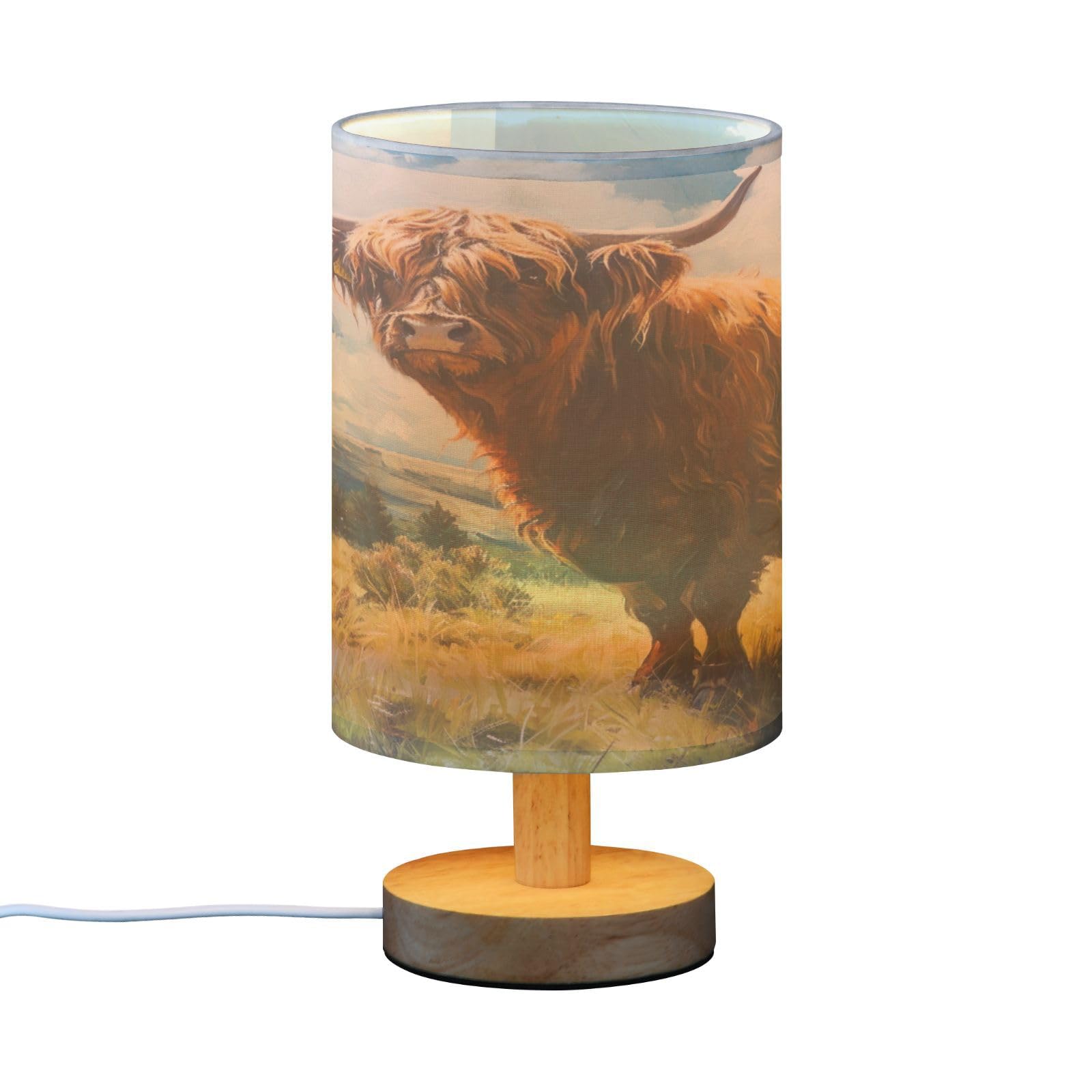 SDMKA Highland Cattle Pattern Bedside Table Lamp for Bedroom, Minimalist Nightstand Lamp with Round Fabric Shade for Living Room, Office, No Bulb Required