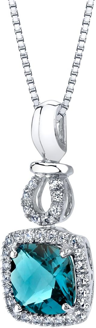 PEORA London Blue Topaz Pendant for Women 14K White Gold with, Halo Drop Solitaire, Genuine Gemstone, 8mm Cushion Cut, 2.80 Carats total, with 18 Inch Chain, December Birthstone Necklace