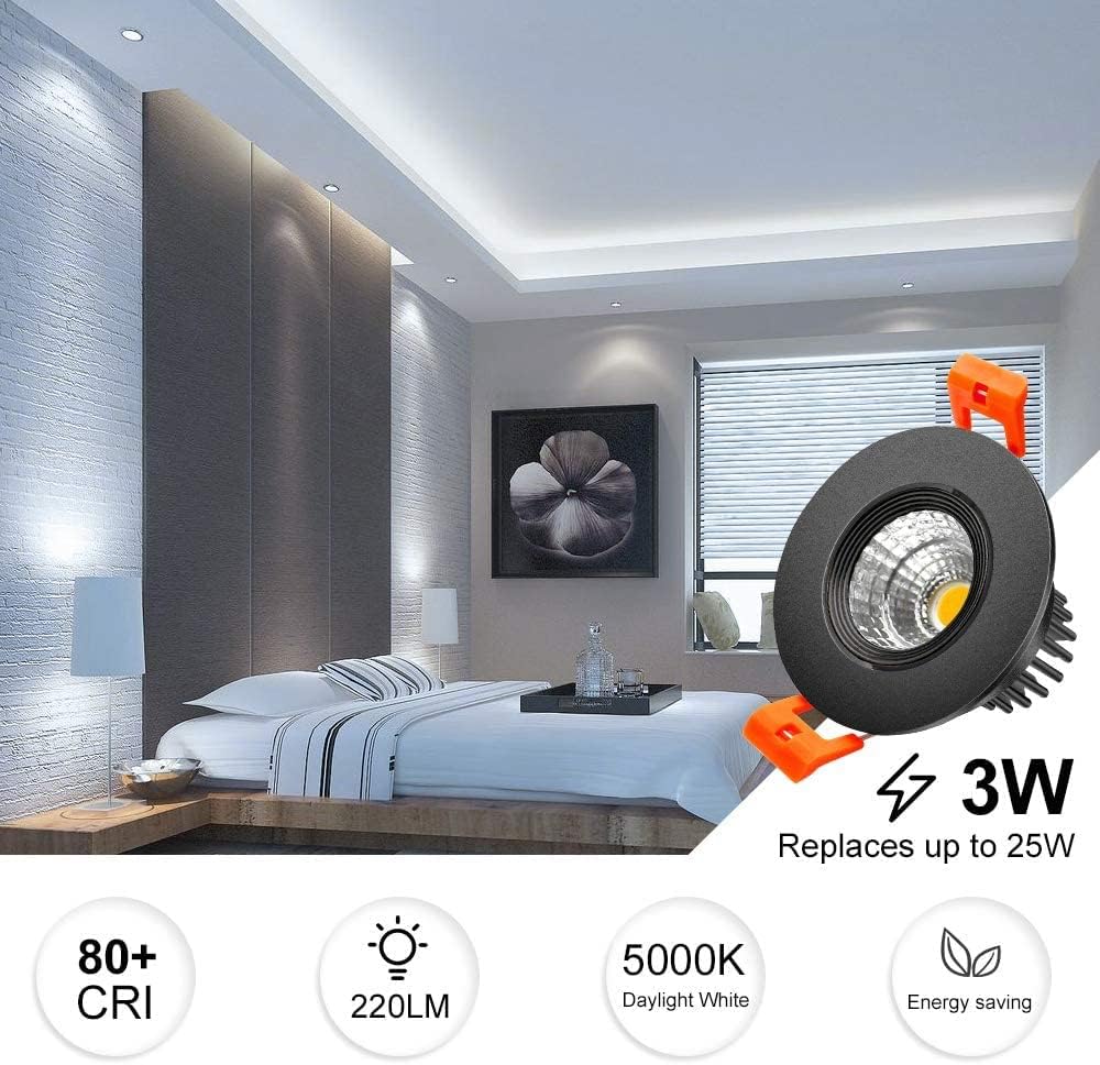 inShareplus 2 Inch LED Downlight, 3W Recessed Lighting COB Dimmable, 5000K Daylight White, CRI80, Black Trim, Ceiling Lights with LED Driver, 1 Pack image 2