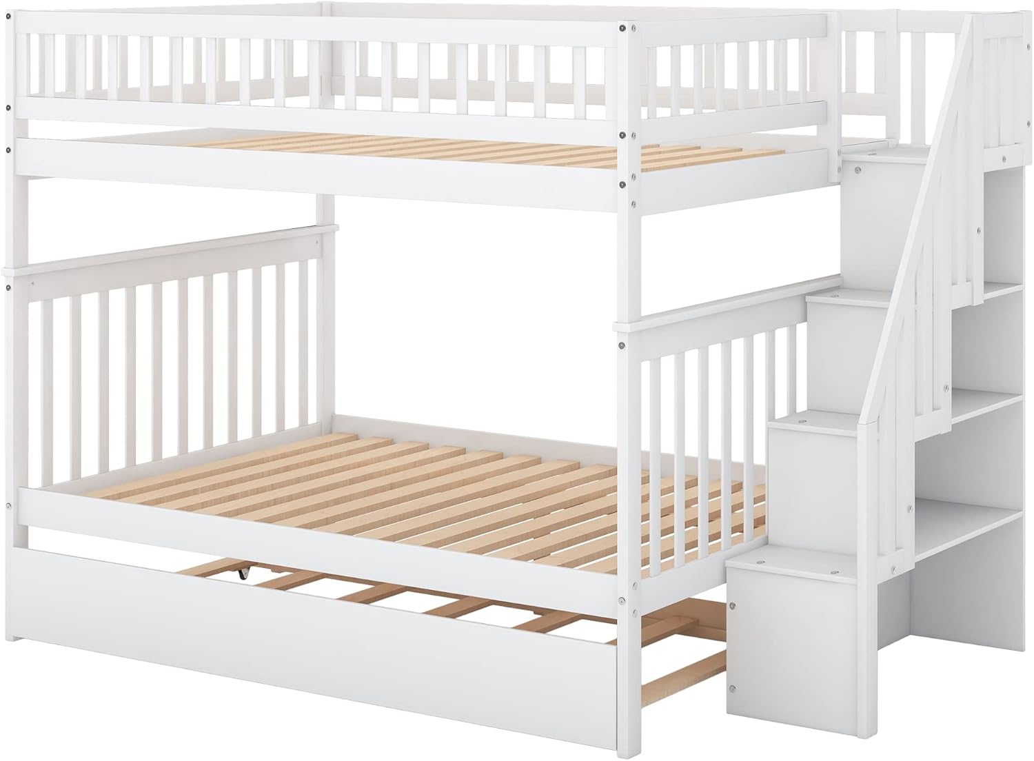 Bellemave Full Over Full Bunk Beds with Trundle and Stairs Stairway Bunk Bed Frame with Storage Shelves for Kids Teens Adult, Detachable Wood Full Bunk Bed for Boys Girls Adults, White