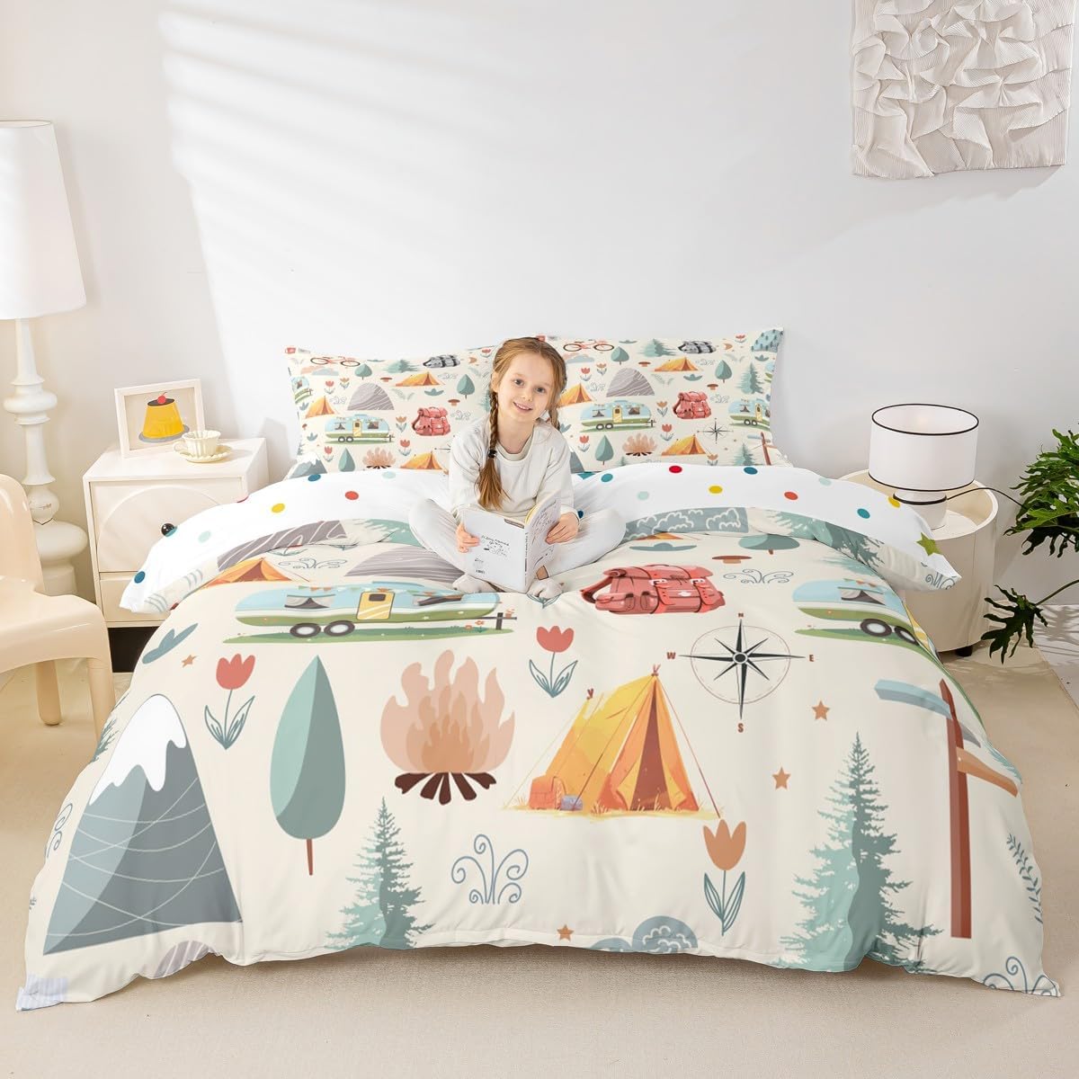 Erosebridal Summer Camp Camper Twin Duvet Cover for Kids Child Camping Adventure Bedding Set for Boys Girls Bedroom Travel Car Rv Accessories Comforter Cover Botanical Flowers Mountain Bed Set