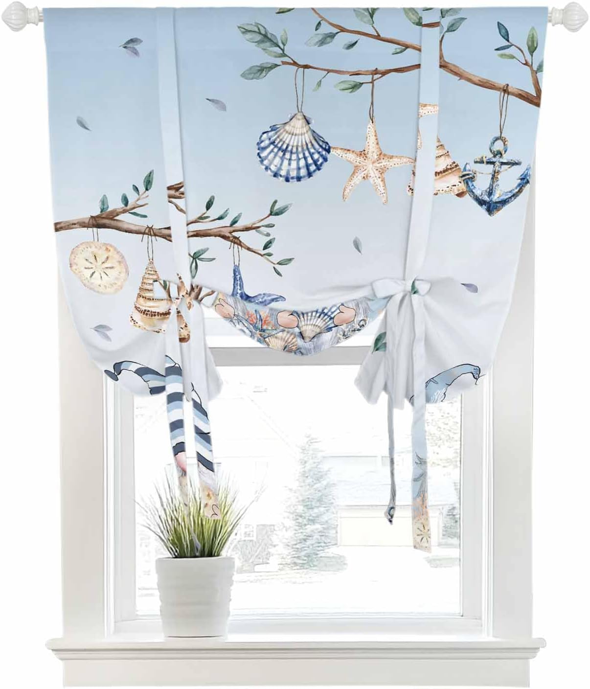 Tie Up Curtain for Windows Blue Ocean Gnome Balloon Window Shades for Bedroom Bathroom Adjustable Rod Pocket Marine Life Branch Window Treatment Curtains Valance for Kitchen 52" W x 63" L
