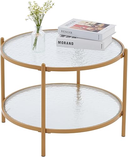 Miniatura 7 de VINGLI 65 cm Pequeña Mesa Redonda de Café Mate Oro con Vidrio Circular Transparente de Ola de Agua, Mesa Central con Diseño de Almacenamiento