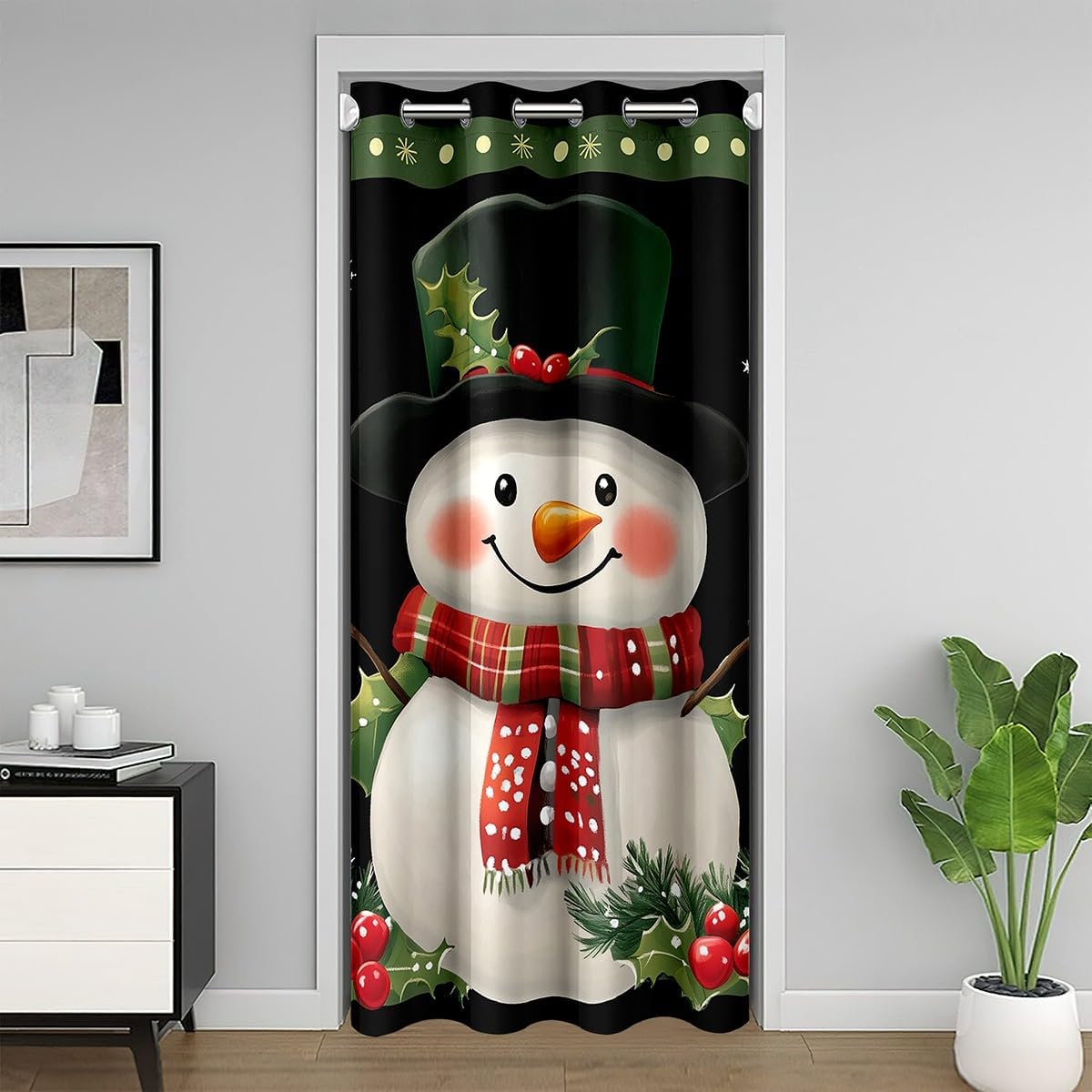 Cute Snowman Door Curtain Watercolor Green Holly Leaves Red Winterberry Doorway Curtain Privacy for Kids Boys Girls Teens Retro Grid Rustic Christmas Curtain Drape for Bedroom Door Window 60"W X 80"L