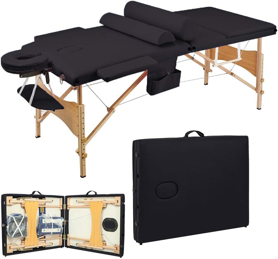 73 inches Portable Massage Bed 3 Folding Professional Massage Table Height Adjustable Salon Bed Beauty Spa Bed with 2 Arm Support Bases,Carry Bag - Black