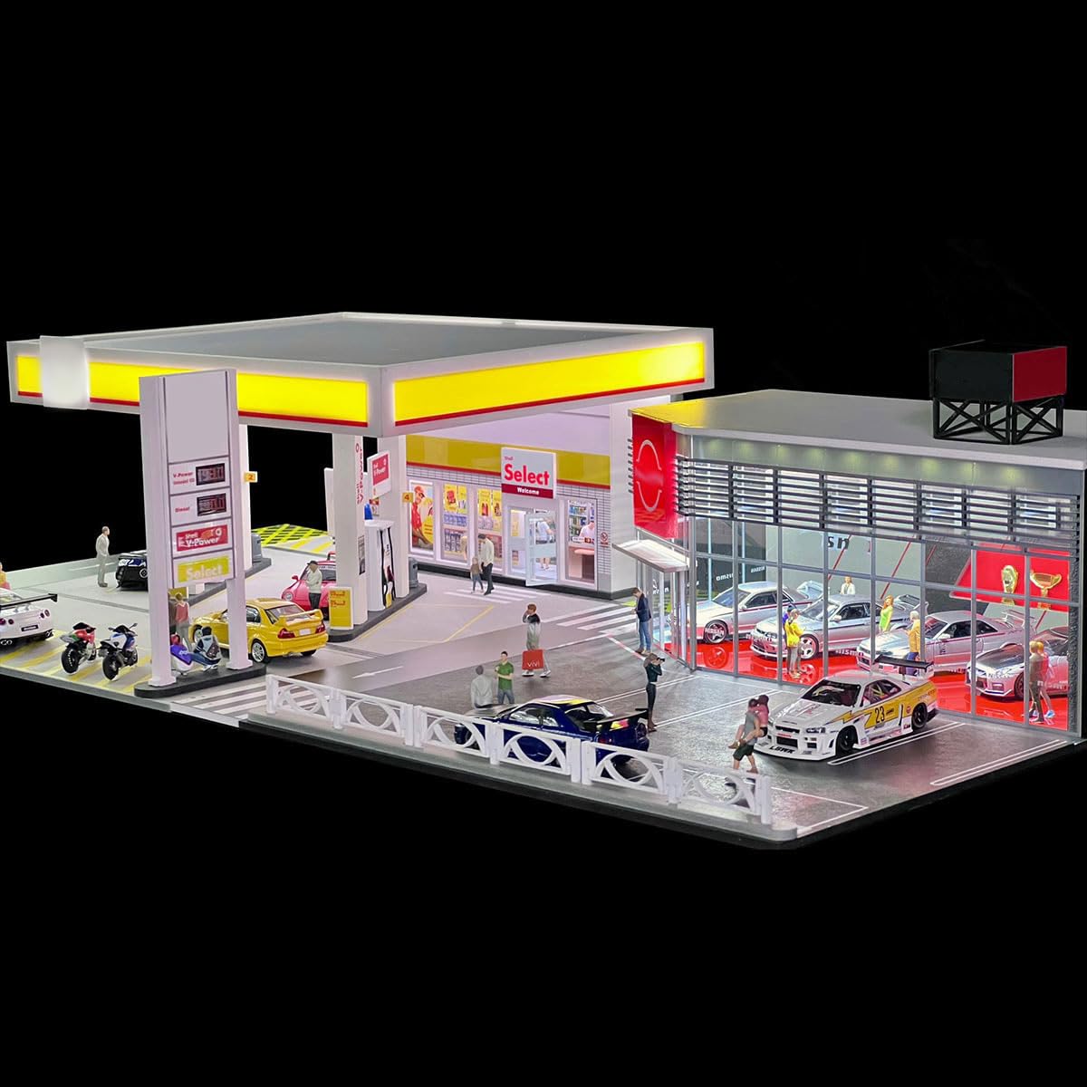 BuildCubes Maßstab 1/64 Shelll Tankstelle Modell, DIY Minihaus Diorama Tankstelle Gebäude Szene, Sammlerstück Geschenk für Enthusiasten, Fahrzeuge Figuren Werkzeuge nicht enthalten