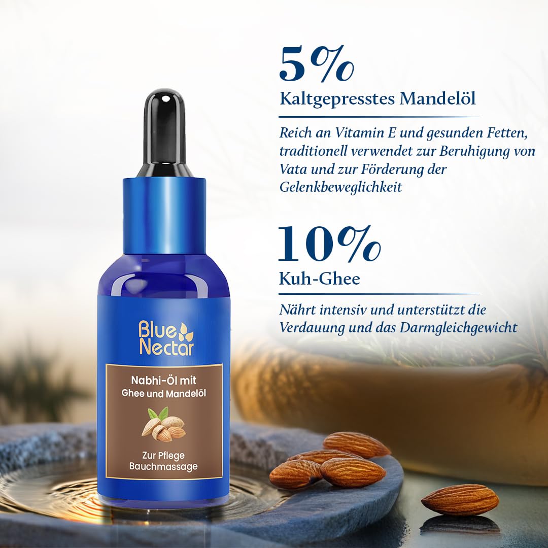 Blue Nectar Nabhi Öl mit Ghee & Mandelöl | Ayurvedisches Bauchnabelöl zur Verdauung & Gelenkunterstützung (21 Kräuter, 30 ml)