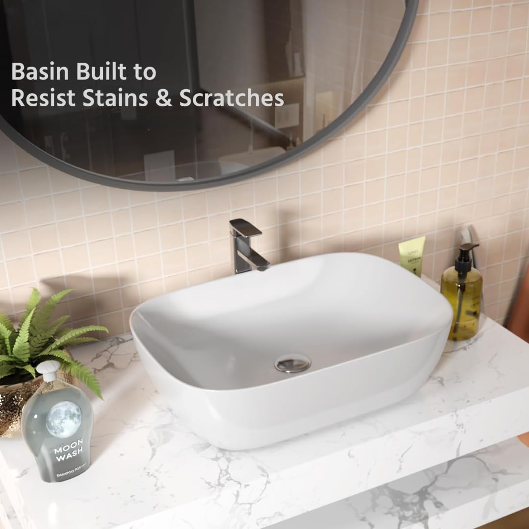 SEA SHORE Ceramic Countertop White Wash Basin | Designer Table Top Bathroom Basin Sink Over Counter for Bathroom, Hotel, Home Living Room 33 x 46 x 16 cm (Plain White) 2