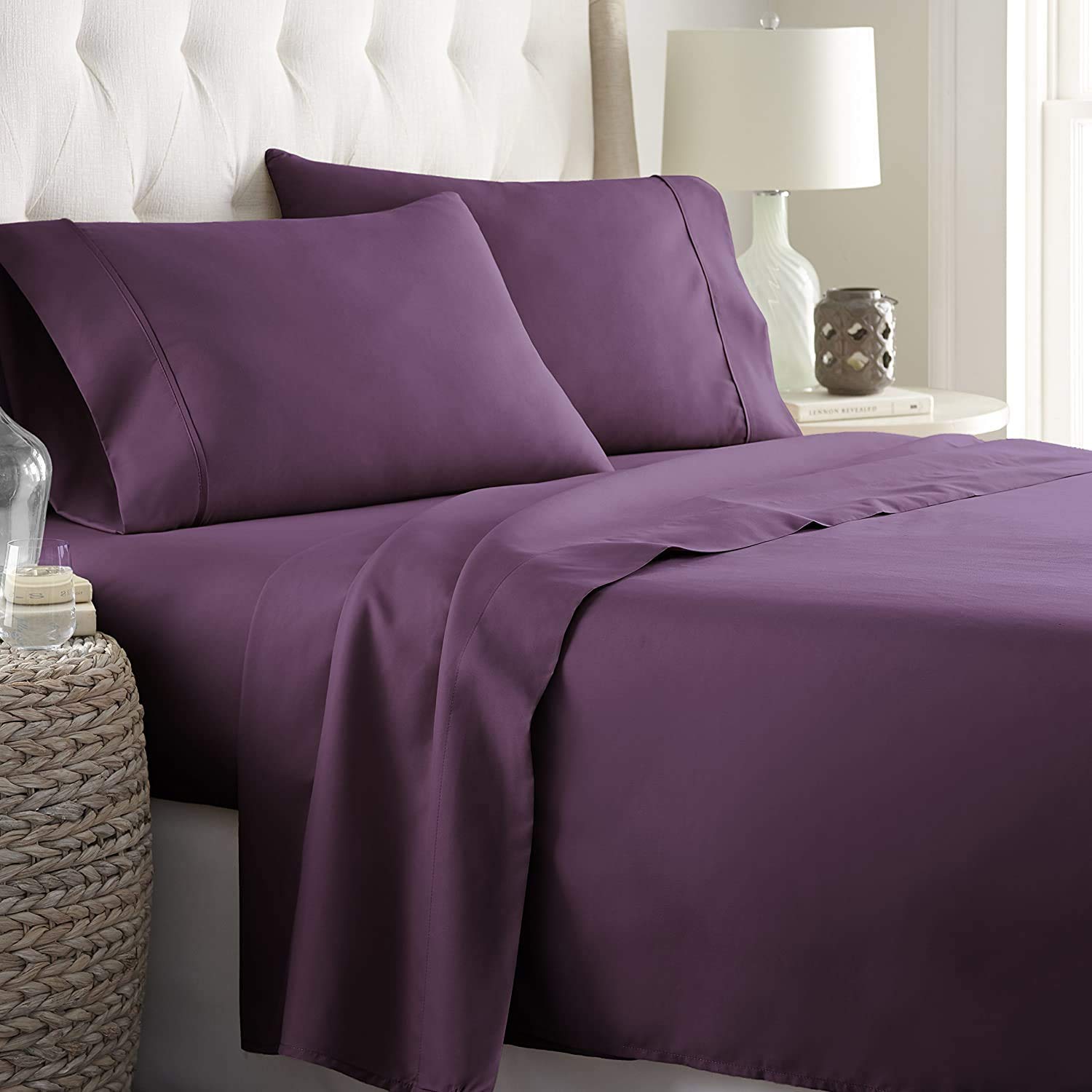 COTTONWALAS550-TC Combed Cotton Short Queen Size 4-PCs Sheet Set (1 Fitted, 1 Flat, 2 Pillowcase) Fits 30-34" Pockets Depth, Best Sleep Begins (Solid, Purple)