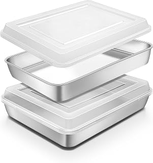 Blingco Stainless Steel Deep Rectangle Cake Pans with Lids - 12x10x2 Inch Oven Safe Baking Set for Cakes, Brownies, Lasagna (2 Pans + 2 Lids)