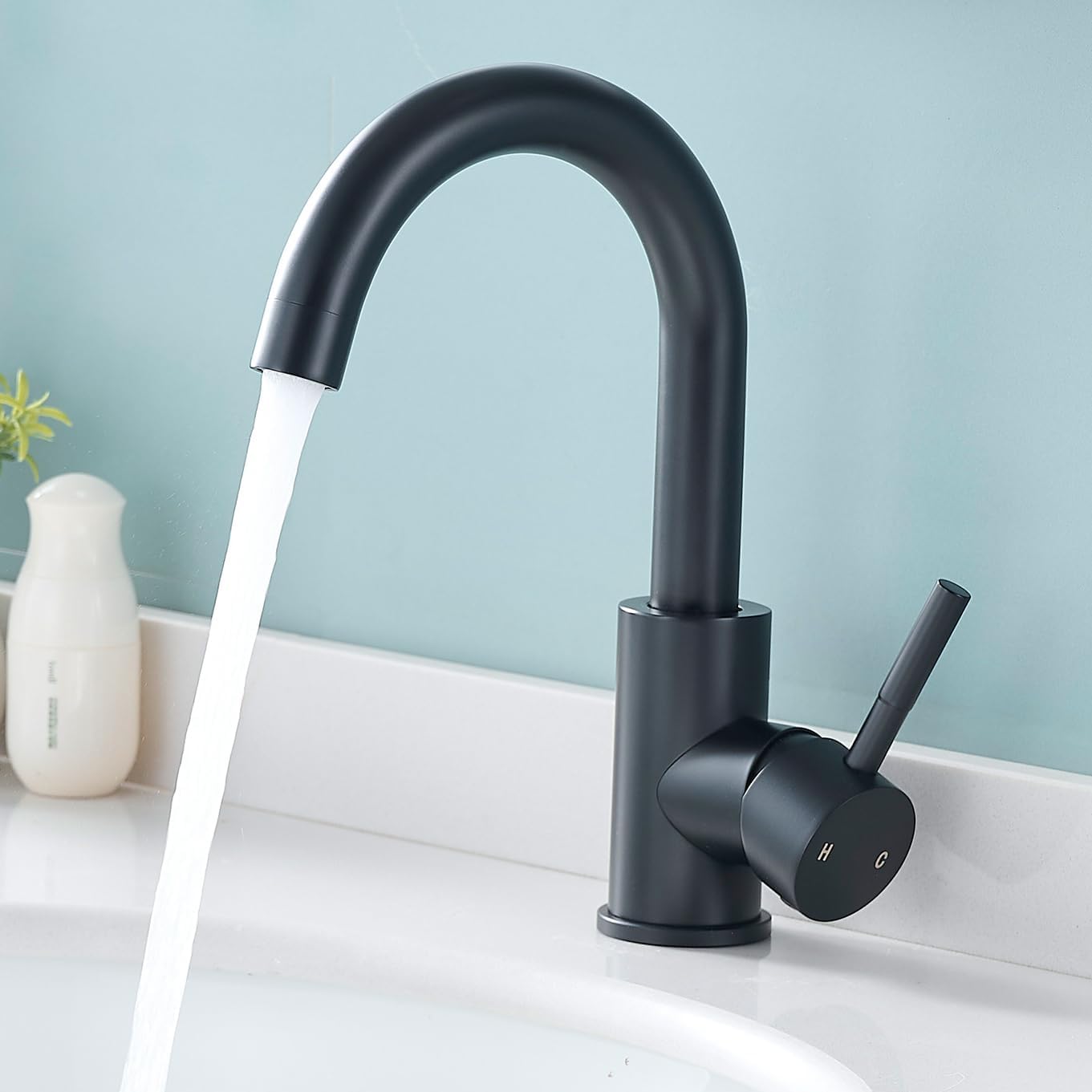 Fransiton Wasserhahn Bad Hoch, 360° Drehbar wassersparende Waschtischarmatur Hoch mit Warm/Kaltwasser (Schwarz Matt)