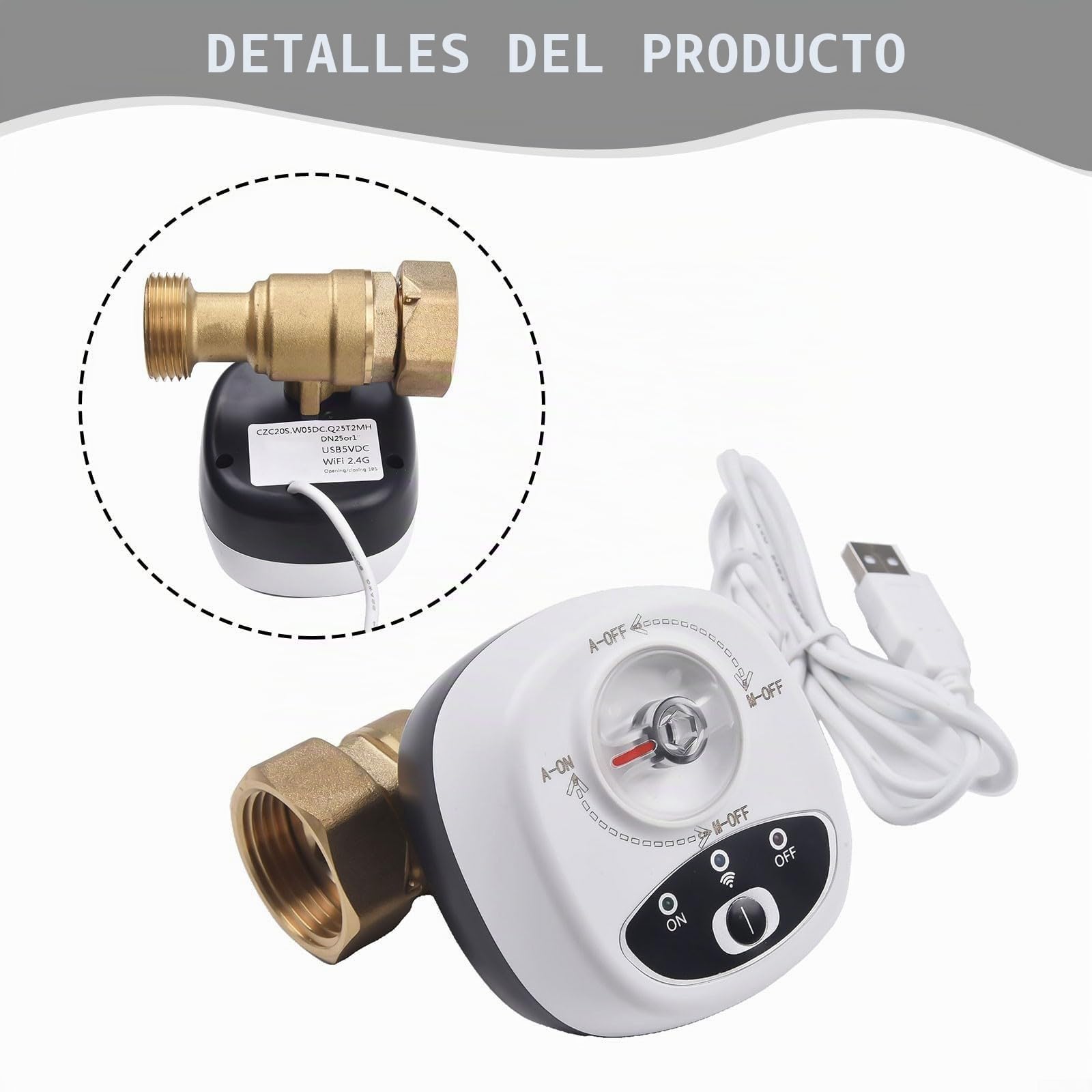 Válvula de bola eléctrica inalámbrica, Válvula de agua WiFi inteligente, Control inalámbrico de agua y gas válvula de cierre para tuberías DN15/20/25, temporizador y alarma (-EU-DN25)