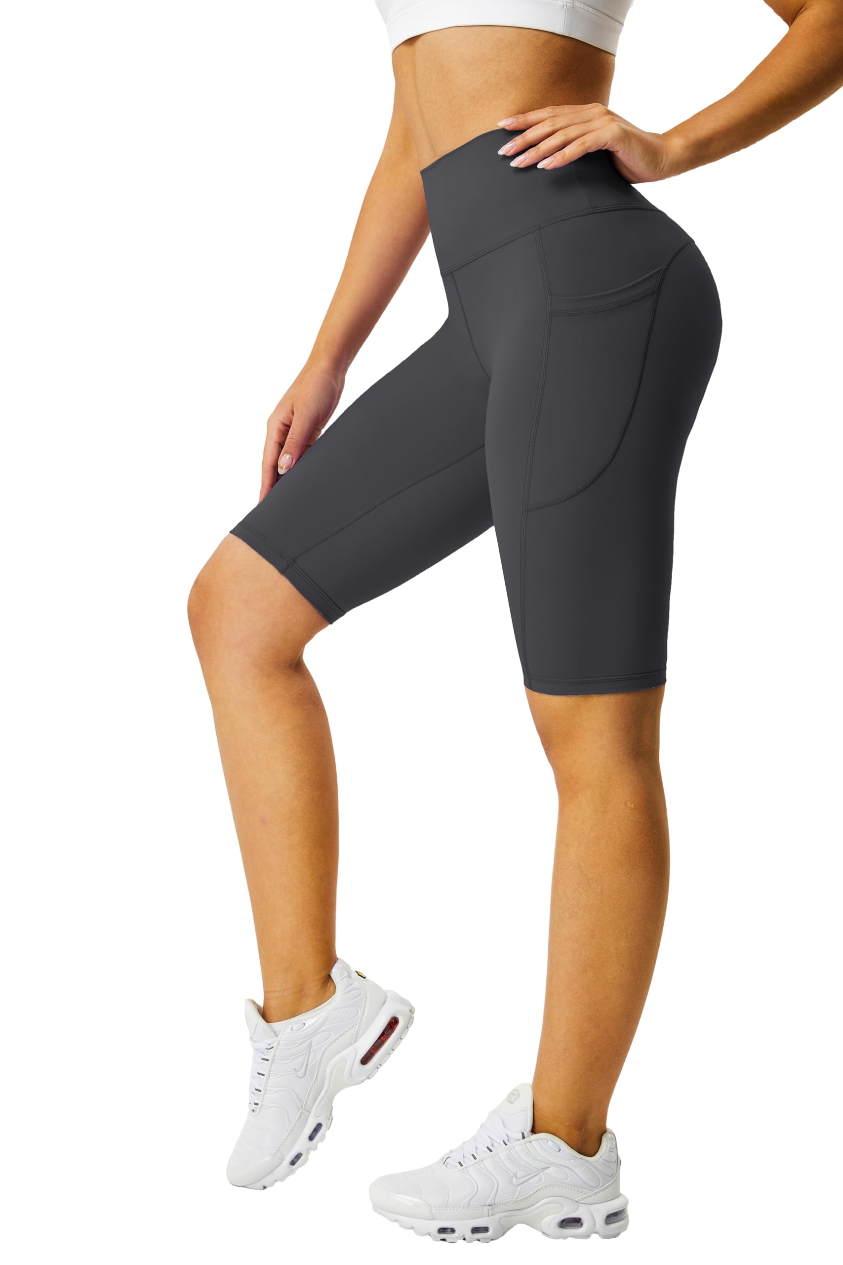 Buepeara Shorts Leggings Damen Fünf Hosen mit Innentasche Hohe Taille Yoga Kurze für Gym Sport Laufhose mit Taschen Grau XXL